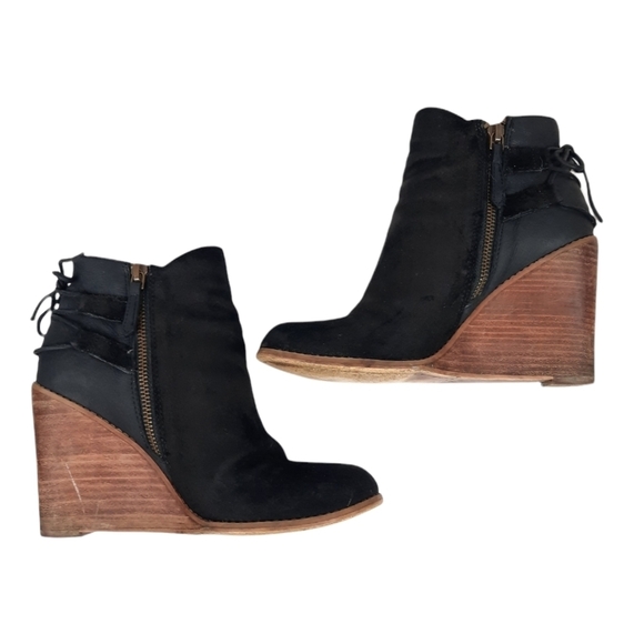 Hinge Tracer Black Suede Leather Wooden Stacked Wedge Ankle Boots Size 8 Women's - Picture 4 of 11